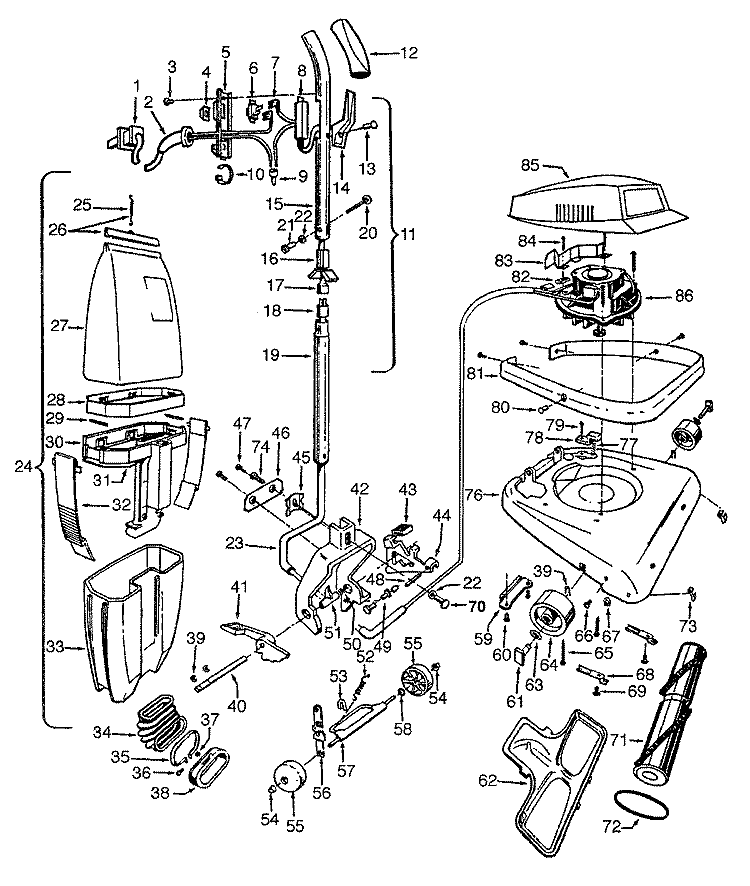 AGITATOR, HANDLE, MAINBODY, OUTERBAG Diagram and Parts List for C1433---  Hoover Upright Vacuum