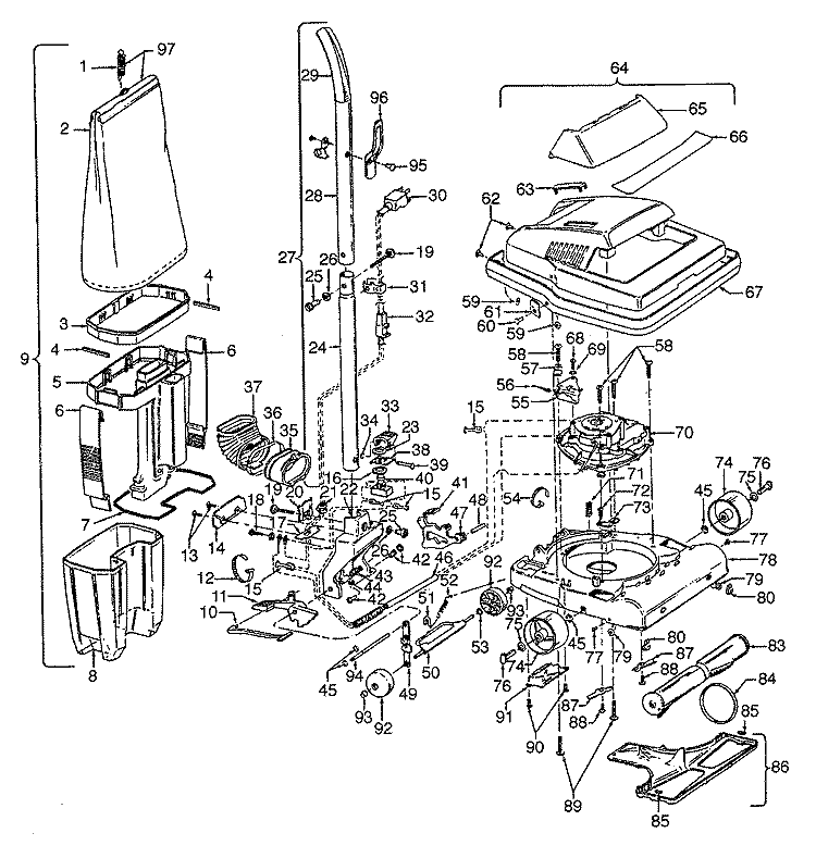 AGITATOR, HANDLE, MAINBODY, OUTERBAG Diagram and Parts List for C1629---  Hoover Upright Vacuum