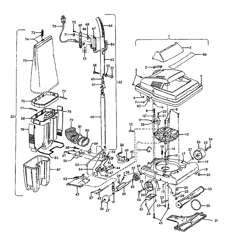 AGITATOR, HANDLE, MAINBODY, DIRTCUP Diagram and Parts List for C1633012  Hoover Upright Vacuum