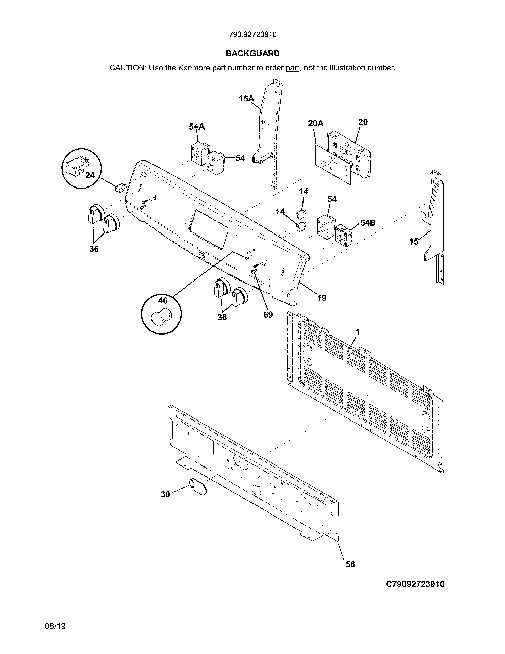 Backguard Diagram and Parts List for 79092723910  Kenmore Range