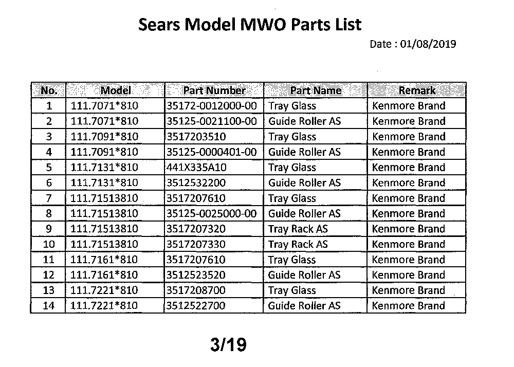 Microwave Diagram and Parts List for 11172213810  Kenmore Microwave