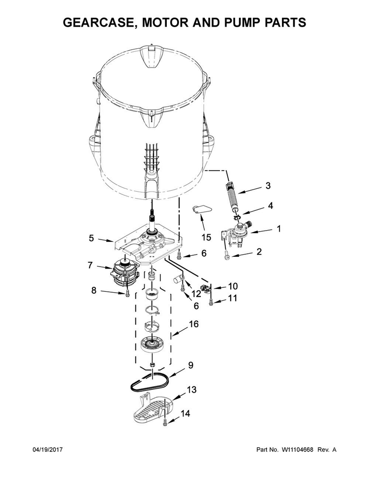 Gearcase, Motor And Pump Parts Diagram and Parts List for 7MMVWX655EW1  Maytag Washer