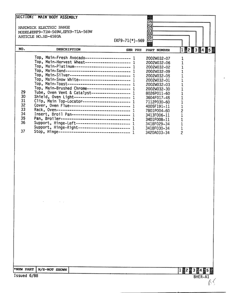 Main Body Assembly Page 3 Diagram and Parts List for 4580A  Hardwick Range