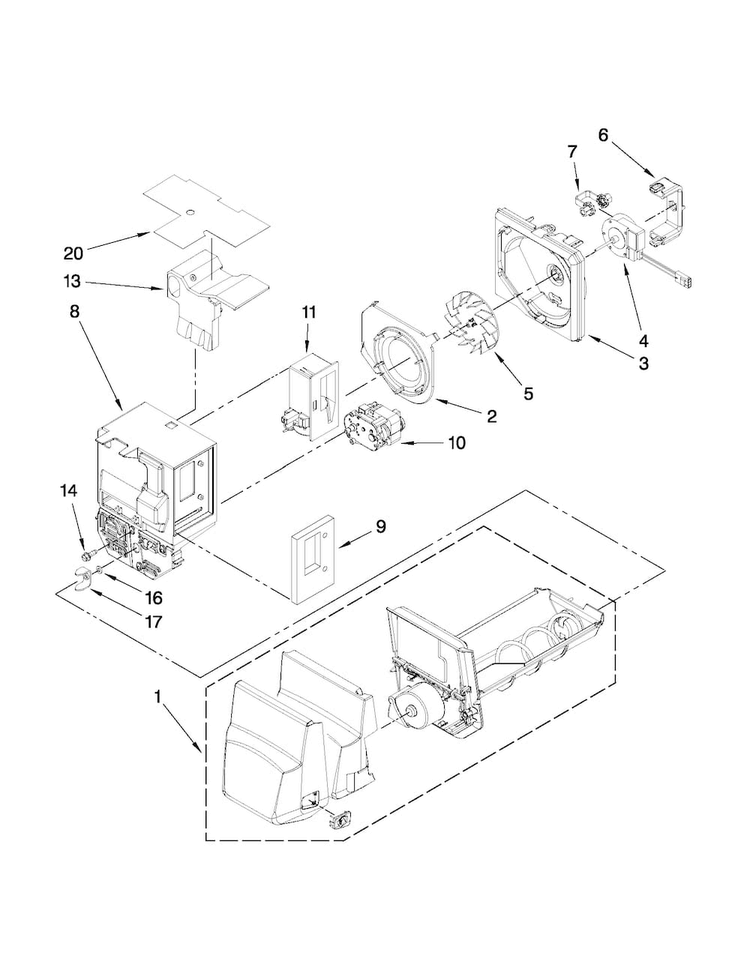Motor And Ice Container Parts Diagram and Parts List for MFI2269VEM7  Maytag Refrigerator