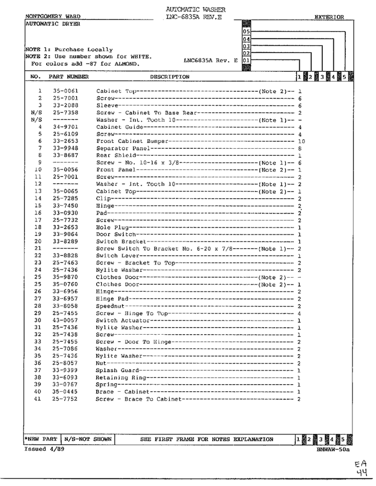 Exterior Page 2 Diagram and Parts List for 6835A REV E Norge Washer
