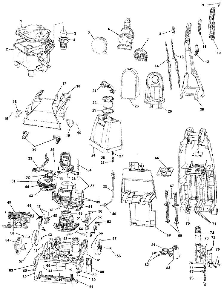 MOTOR, HOSE, PUMP, HANDLE, TANK Diagram and Parts List for F6018900  Hoover Upright Vacuum