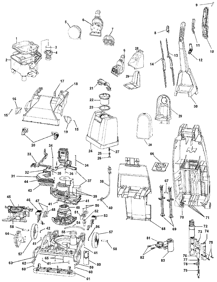 MOTOR, HOSE, CLEANINGTOOLS, HANDLE, TANK Diagram and Parts List for F6026910  Hoover Upright Vacuum