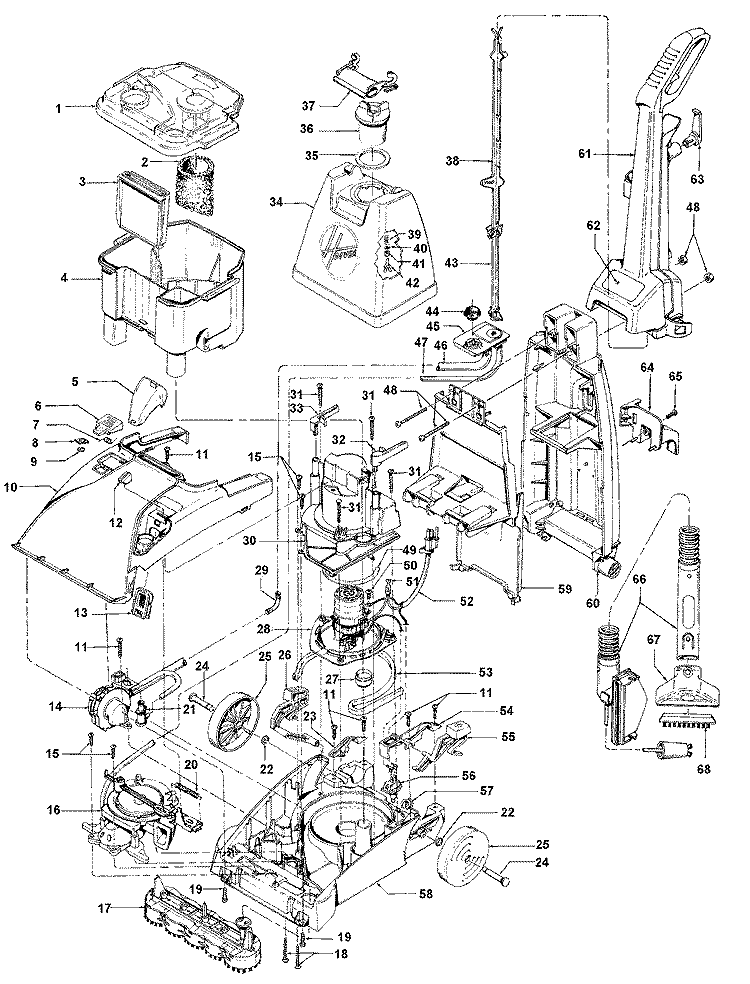 MAINHOUSING, MOTOR, HOSE, HANDLE Diagram and Parts List for F6968916  Hoover Upright Vacuum