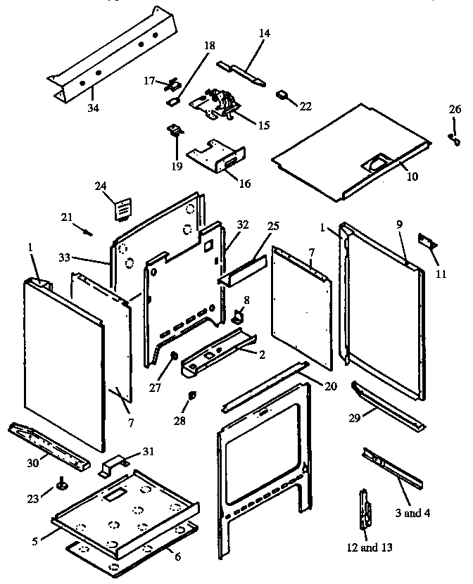 Cabinet Assembly Diagram and Parts List for RSF3400UW-P1141222NW  Caloric Range