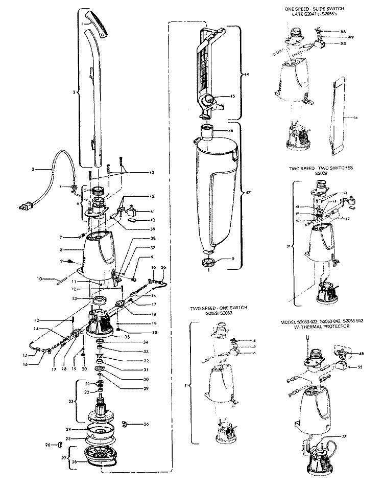 MOTOR ASSEMBLY, BAG & MOTORHOUSING Diagram and Parts List for S2047---  Hoover Upright Vacuum