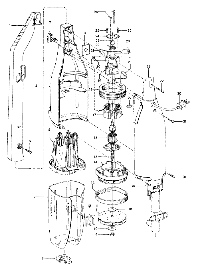MOTOR ASSEMBLY, BAG & MOTORHOUSING Diagram and Parts List for S2505---  Hoover Upright Vacuum