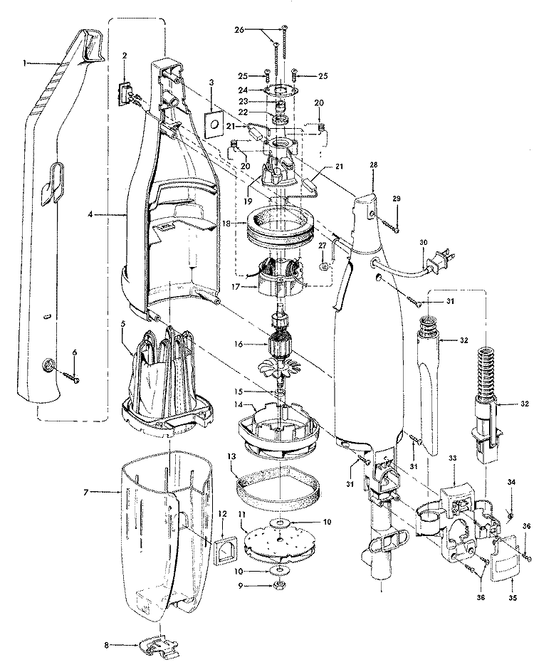 MOTOR, HOSE, MOTORHOUSING Diagram and Parts List for S2541---  Hoover Upright Vacuum