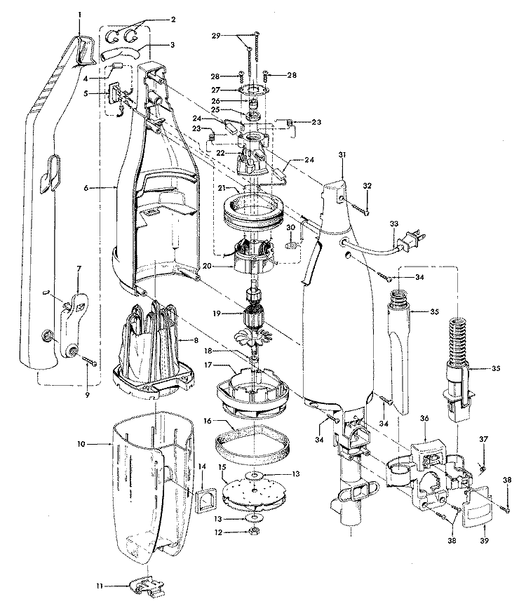 MOTOR, HOSE, BAGHOUSING Diagram and Parts List for S2571---  Hoover Upright Vacuum
