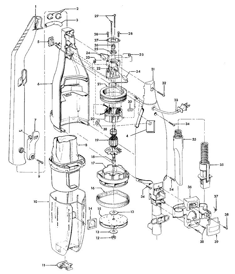 MOTOR, HOSE, BAGHOUSING Diagram and Parts List for S2610---  Hoover Upright Vacuum