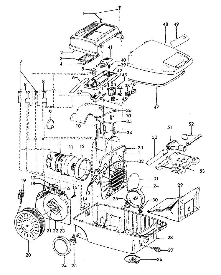 CORDREEL, MAINHOUSING, CLEANINGTOOLS Diagram and Parts List for S3505---  Hoover Upright Vacuum