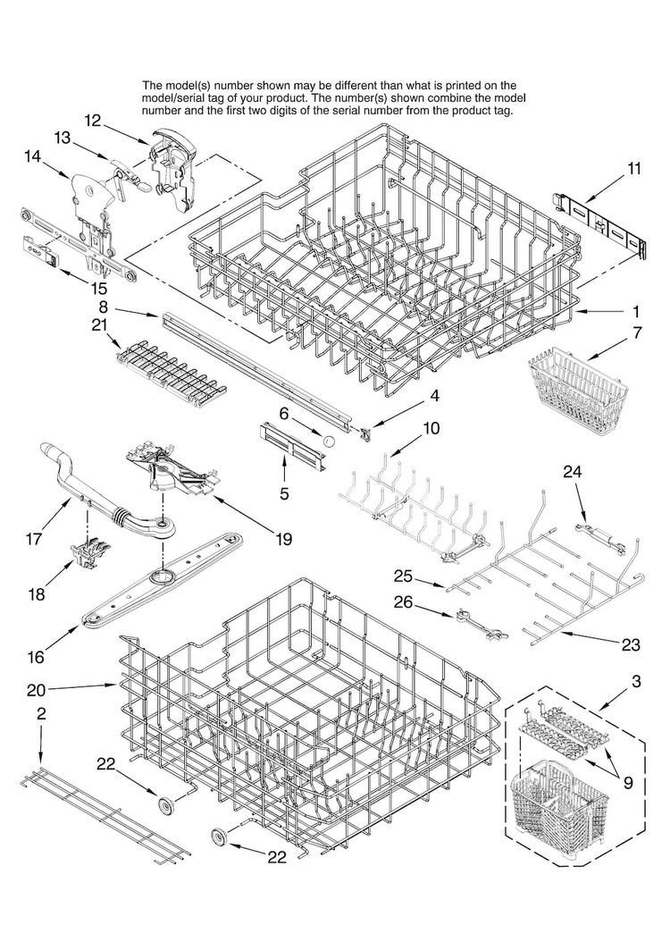 Upper And Lower Rack Parts Diagram and Parts List for JDB1255AWR0  Jenn-Air Dishwasher