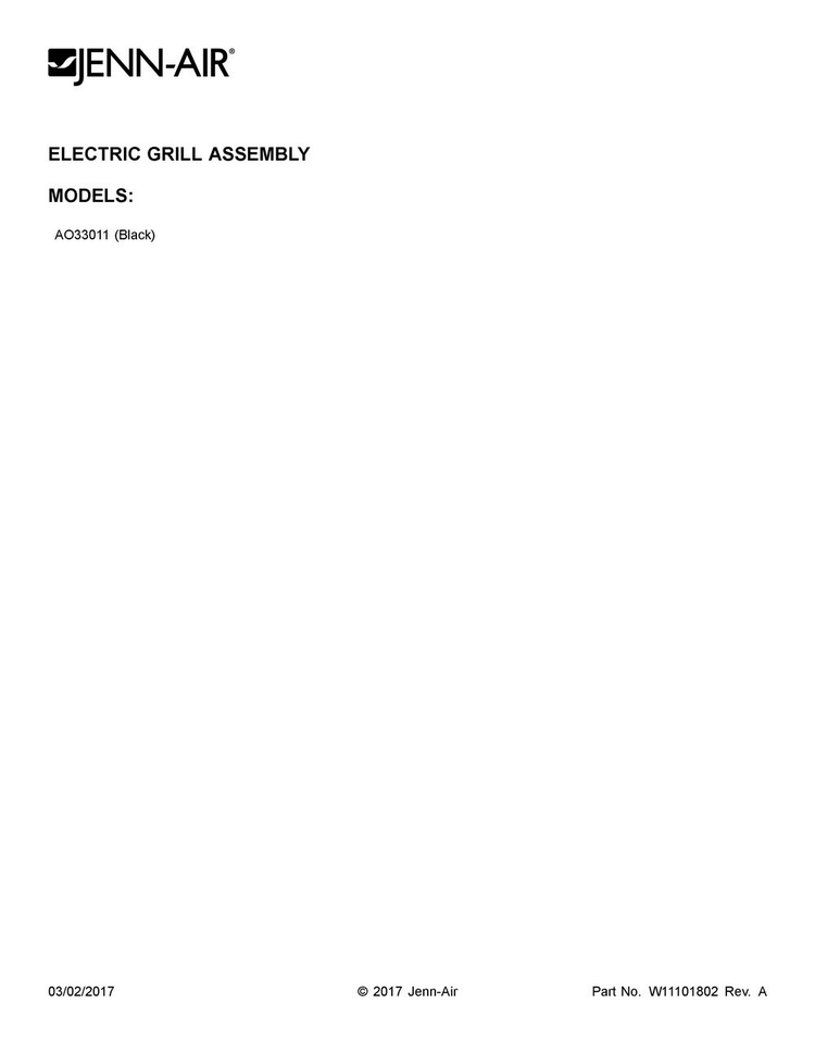 Cover Sheet Diagram and Parts List for AO33011  Jenn-Air Range