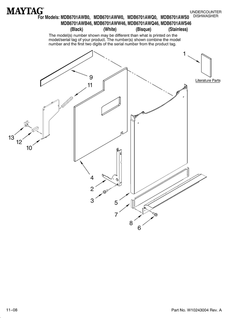 Door And Panel Parts Diagram and Parts List for MDB6701AWB0  Maytag Dishwasher