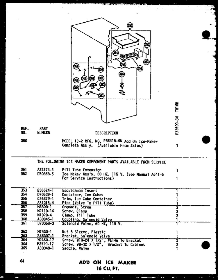 Add On Ice Maker 16 Cu. Ft. Diagram and Parts List for TC18B-P73500-7W  Amana Refrigerator