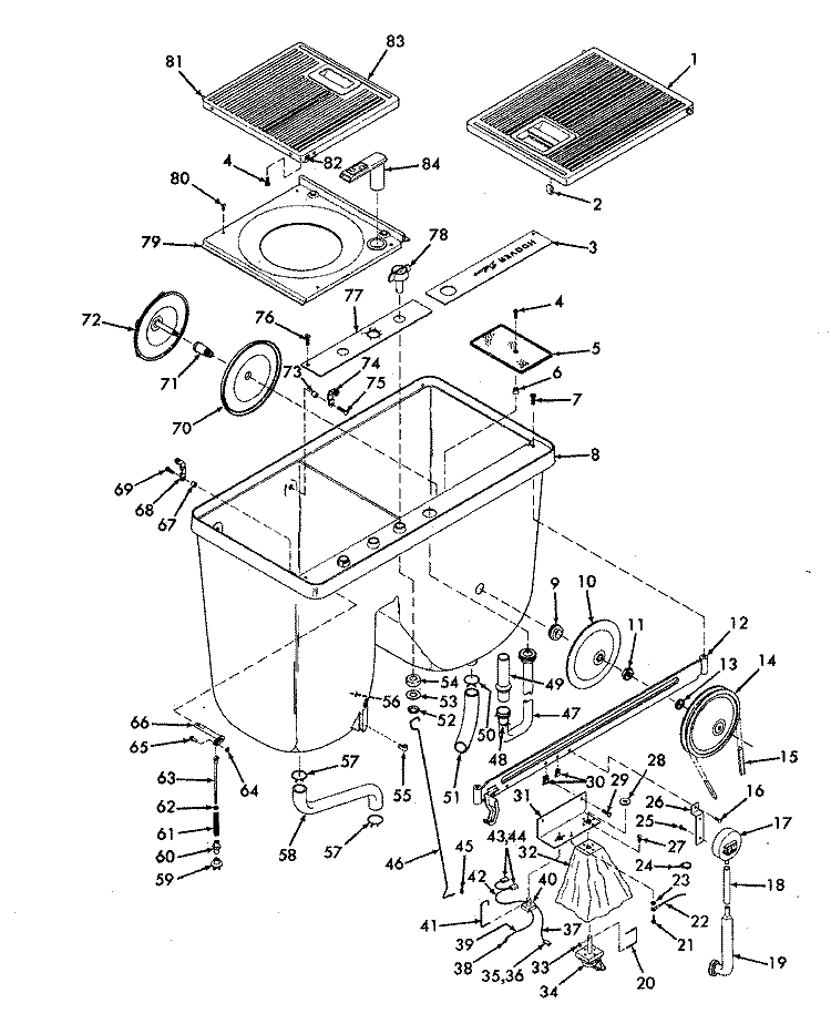 PUMP, PULSATORBELT, HOSES, MICROSWITCH Diagram and Parts List for T1023-2  Hoover Washer