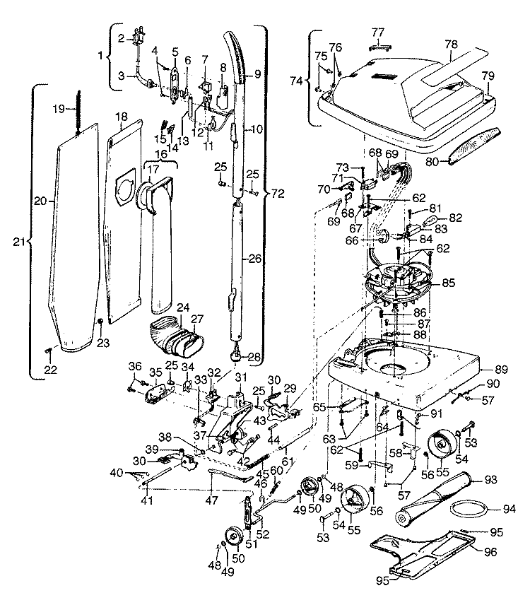HANDLE, MAINBODY, OUTERBAG, HOOD Diagram and Parts List for U4423---  Hoover Upright Vacuum