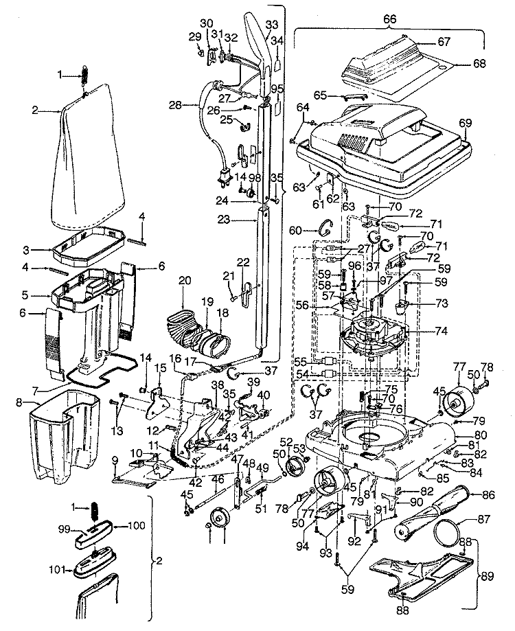 HANDLE, MAINBODY, DIRTCUP, OUTERBAG Diagram and Parts List for U4505---  Hoover Upright Vacuum
