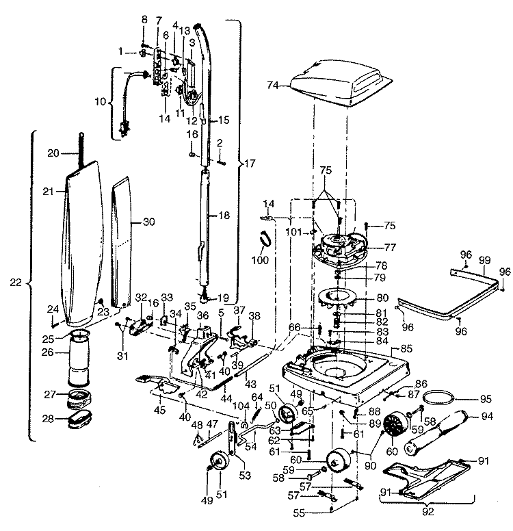 HANDLE, MAINBODY, HOOD Diagram and Parts List for U4417---  Hoover Upright Vacuum