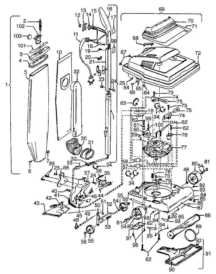 MOTOR, HANDLE, MAINBODY, OUTERBAG, HOOD Diagram and Parts List for U4447---  Hoover Upright Vacuum