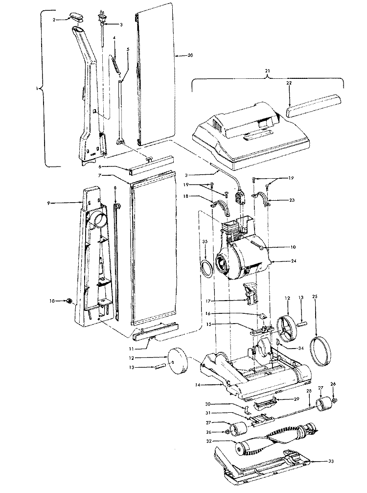 MOTOR, HANDLE, MAINBODY, OUTERBAG, HOOD Diagram and Parts List for U4469---  Hoover Upright Vacuum