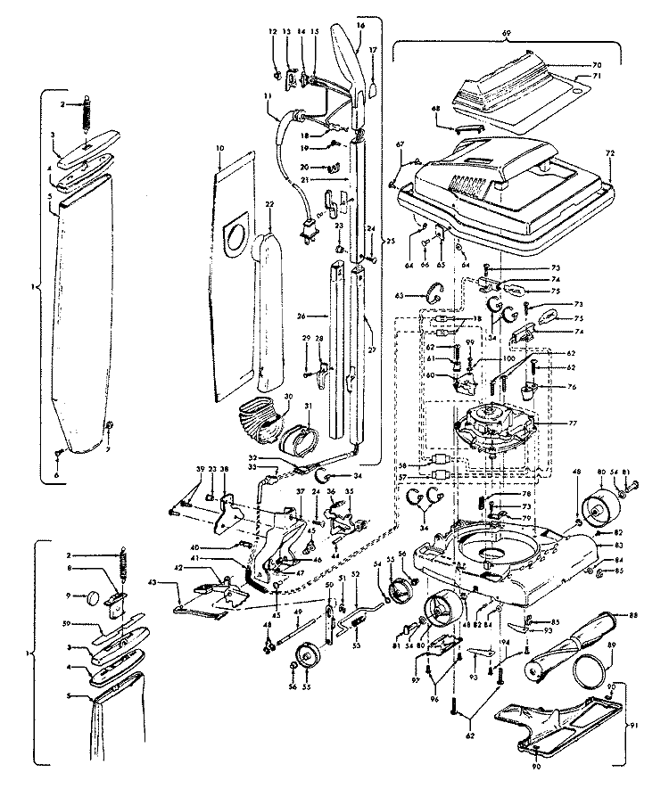 HANDLE, MAINBODY, OUTERBAG, HOOD Diagram and Parts List for U4501---  Hoover Upright Vacuum