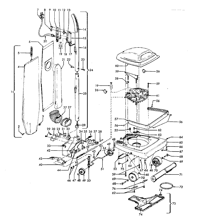 HANDLE, MAINBODY, OUTERBAG, HOOD Diagram and Parts List for U4531---  Hoover Upright Vacuum