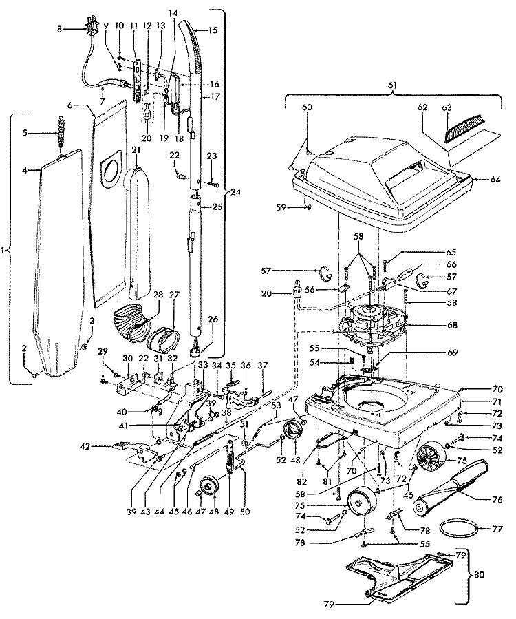 HANDLE, MAINBODY, OUTERBAG, HOOD Diagram and Parts List for U4595---  Hoover Upright Vacuum