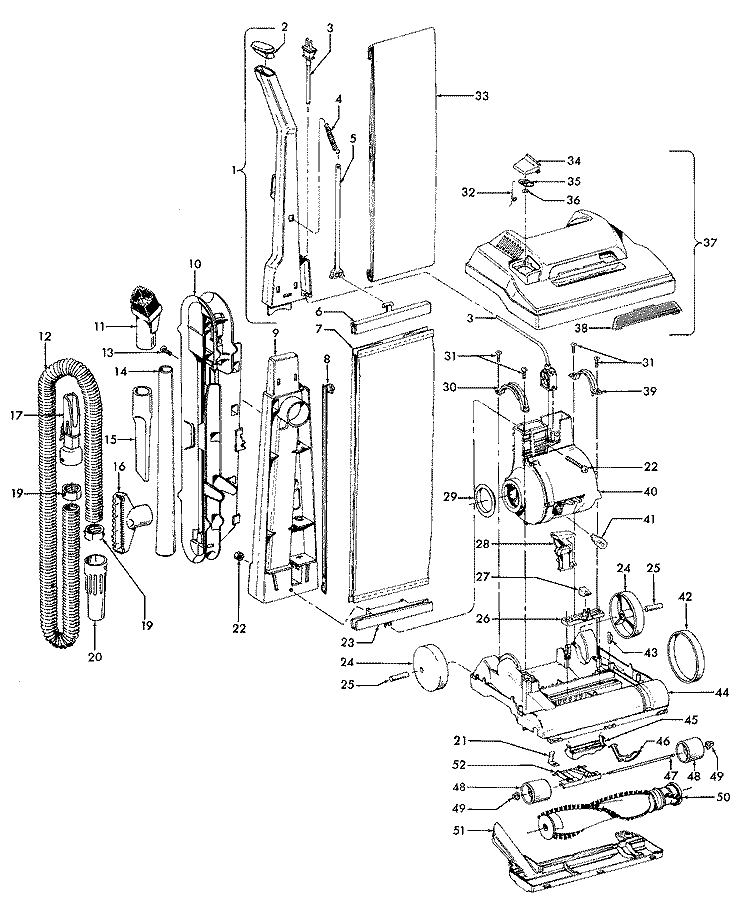 AGITATOR, MOTOR, HANDLE, MAINBODY Diagram and Parts List for U4641910  Hoover Upright Vacuum
