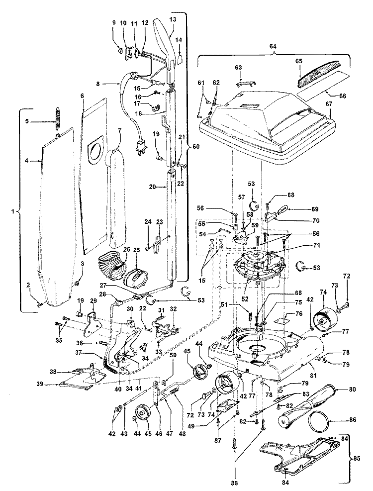 AGITATOR, HANDLE, MAINBODY, OUTERBAG Diagram and Parts List for U4729900  Hoover Upright Vacuum