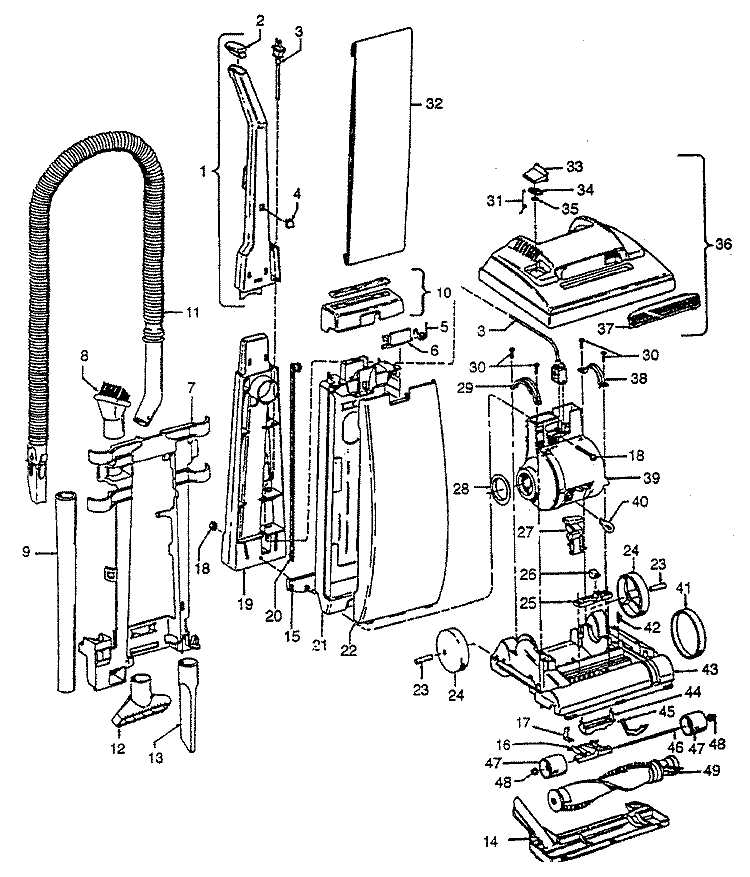 MOTOR, HANDLE, HOSE, MAINBODY Diagram and Parts List for U5074900  Hoover Upright Vacuum