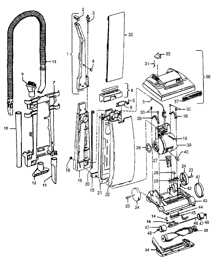 MAINBODY, HANDLE, OUTERBAG Diagram and Parts List for U5095920  Hoover Upright Vacuum