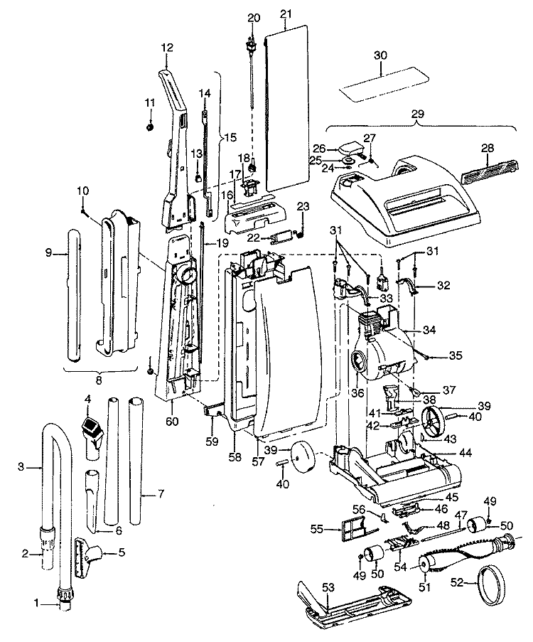 MAINBODY, HANDLE, OUTERBAG Diagram and Parts List for U5099910  Hoover Upright Vacuum
