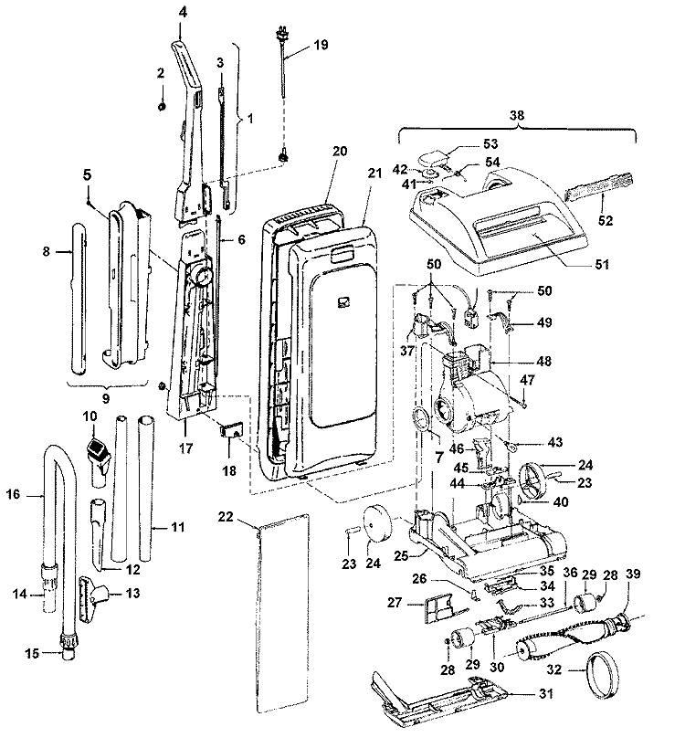 MAINBODY, HANDLE, OUTERBAG Diagram and Parts List for U5201930  Hoover Upright Vacuum