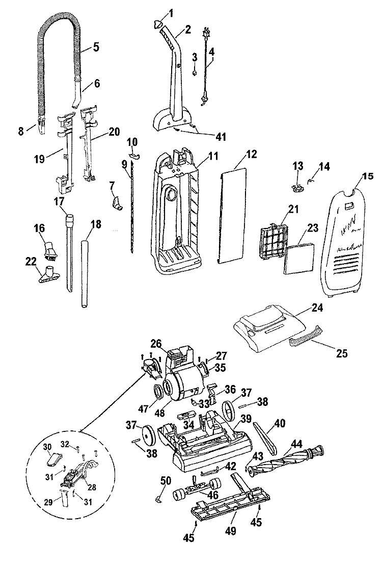 MOTOR, HANDLE, MAINBODY, HOOD Diagram and Parts List for U5104900  Hoover Upright Vacuum
