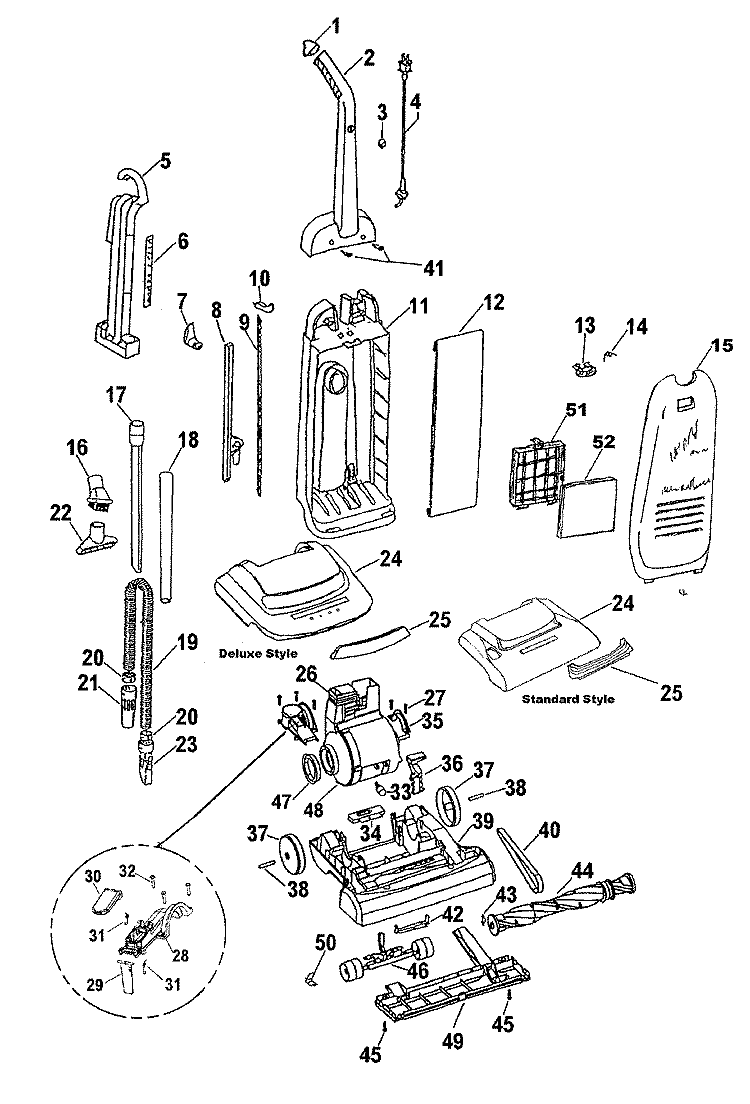 MAINBODY, HANDLE, OUTERBAG Diagram and Parts List for U5131M11  Hoover Upright Vacuum