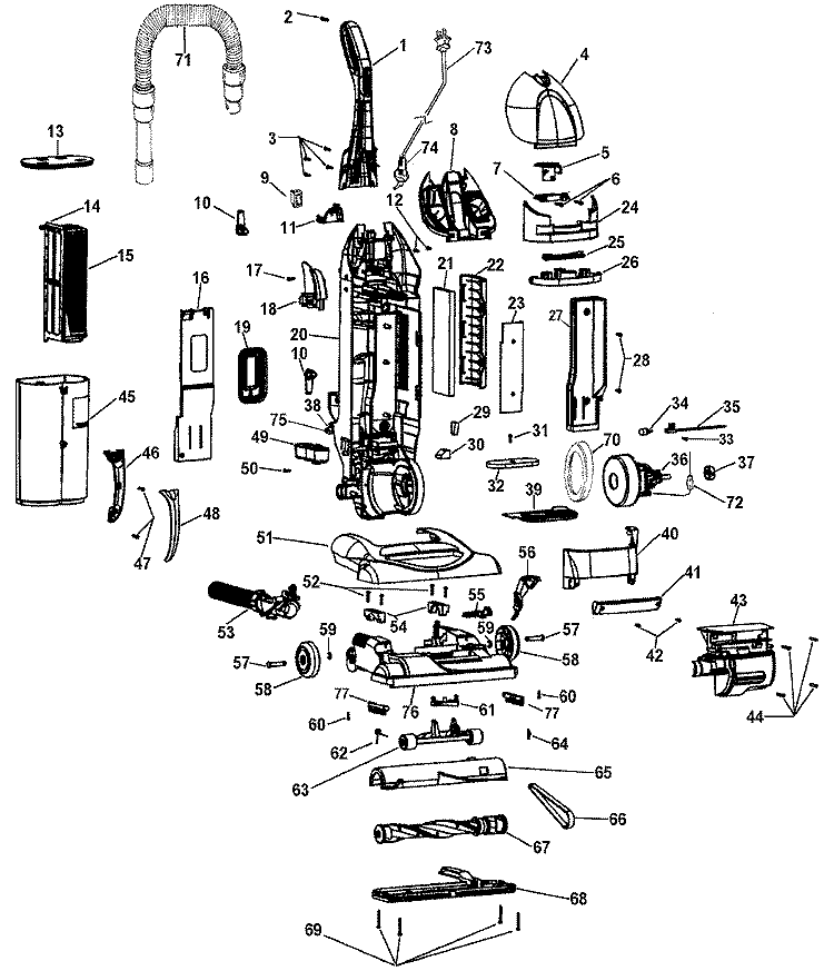 MOTOR, HANDLE, HOSE, BAGHOUSING, HANDLE Diagram and Parts List for U5723900  Hoover Upright Vacuum