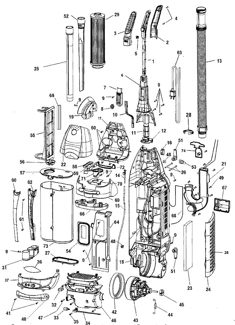 MOTOR, HANDLE, HOSE, BAGHOUSING Diagram and Parts List for U6616900  Hoover Upright Vacuum
