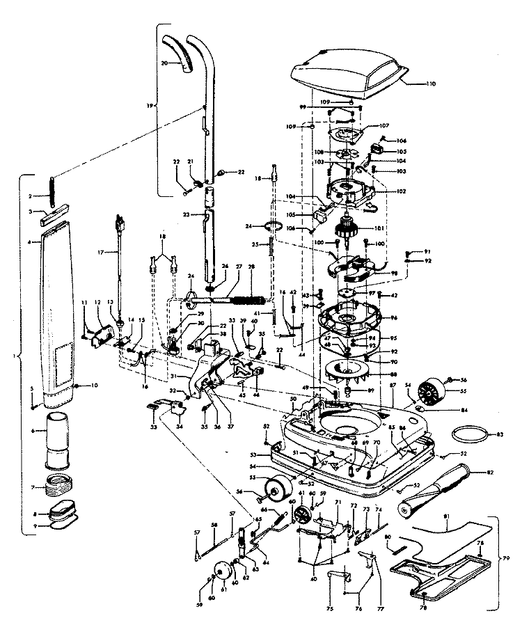 MOTOR, HANDLE, MAINBODY, OUTERBAG, HOOD Diagram and Parts List for U7019---  Hoover Upright Vacuum