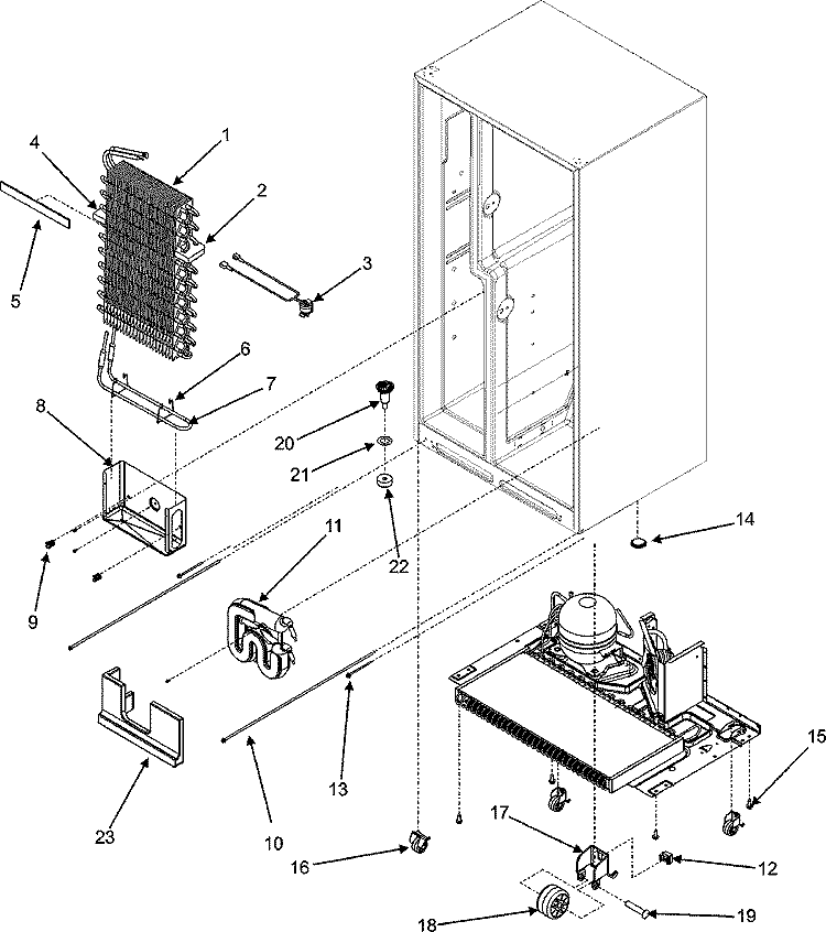 EVAPORATOR ASSY. / ROLLERS / WATER TANK Diagram and Parts List for GZ2626GEKS  Maytag Refrigerator