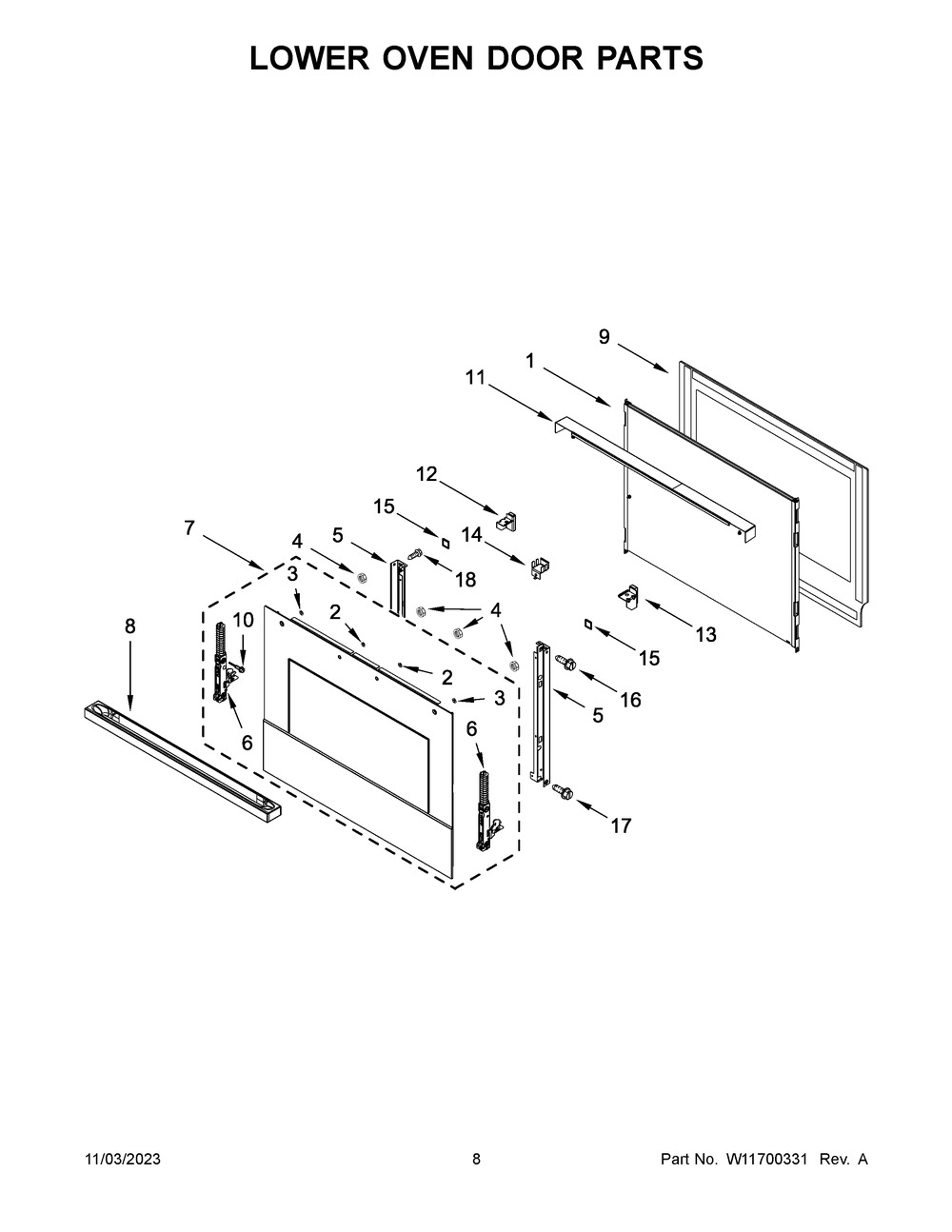 Lower Oven Door Parts Diagram and Parts List for JJW3830LM01  Jenn-Air Wall Oven