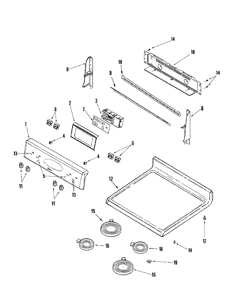 CONTROL PANEL / TOP ASSEMBLY Diagram and Parts List for MER6751AAW  Maytag Range