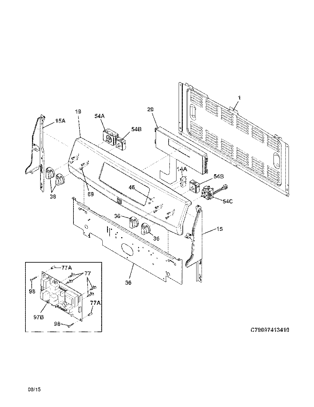Backguard Diagram and Parts List for 79097313412  Kenmore Range