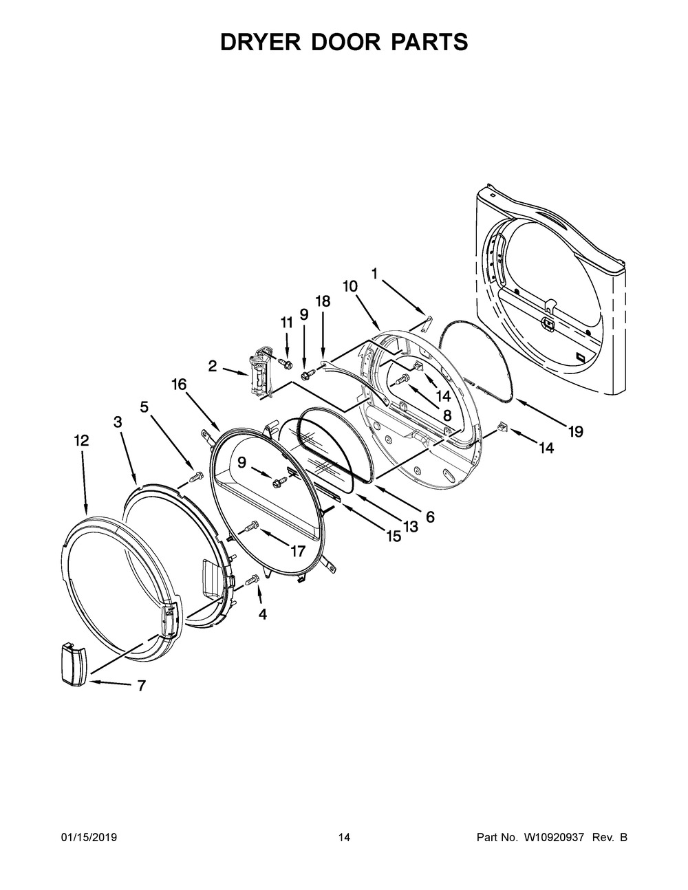 Dryer Door Parts Diagram and Parts List for MLE22PDAGW0  Maytag Washer Dryer Combo