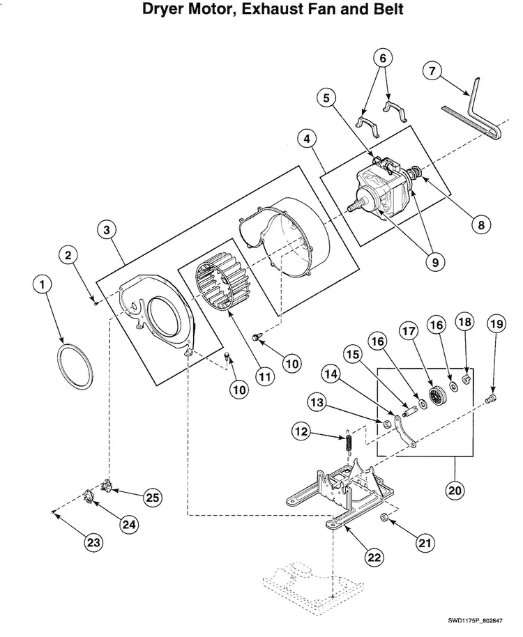 Dryer Motor Diagram and Parts List for LTSA7AWN  Speed Queen Washer Dryer Combo