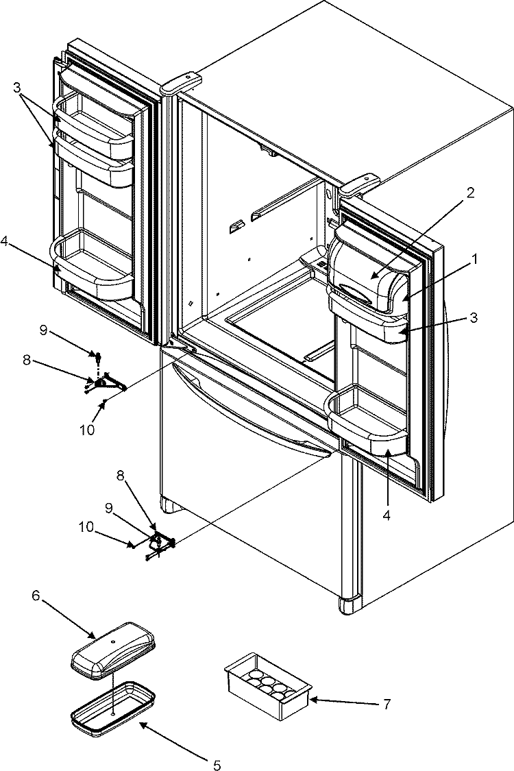 REF DR STORAGE & CENTER HINGES Diagram and Parts List for MFC2061HEB  Maytag Refrigerator